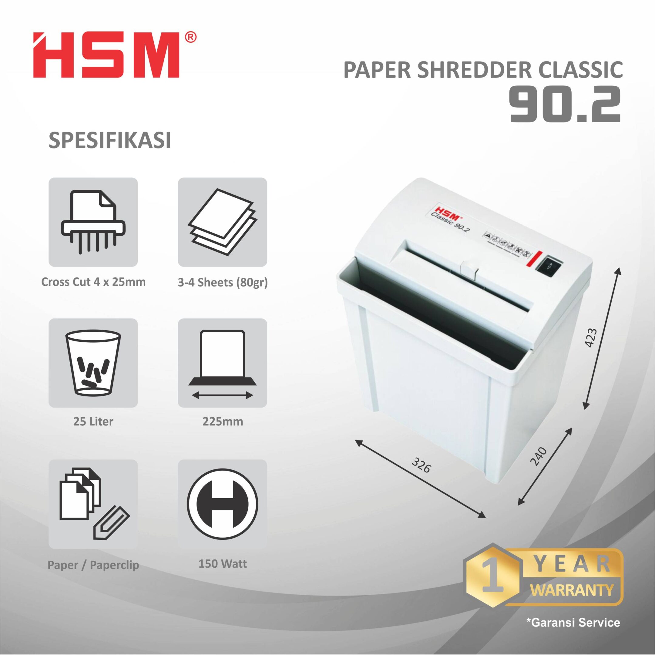 HSM DOCUMENT SHREDDER CLASSIC 90.2 CROSS CUT 4 X 25MM