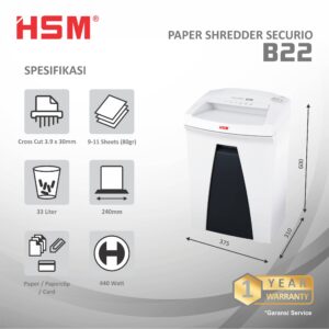 HSM DOCUMENT SHREDDER SECURIO B22 CROSS CUT 3.9 X 30MM