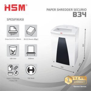 HSM DOCUMENT SHREDDER SECURIO B34 CROSS CUT 4.5 X 30MM