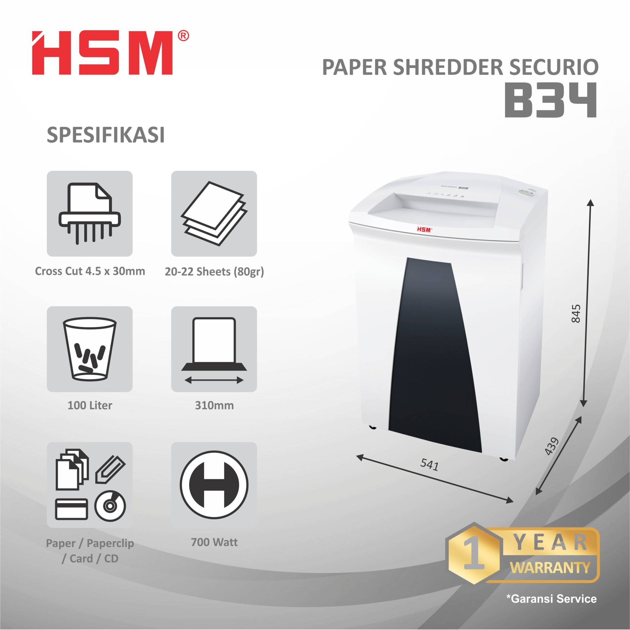 HSM DOCUMENT SHREDDER SECURIO B34 CROSS CUT 4.5 X 30MM