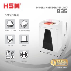 HSM DOCUMENT SHREDDER SECURIO B35 CROSS CUT 1.9 X 15MM