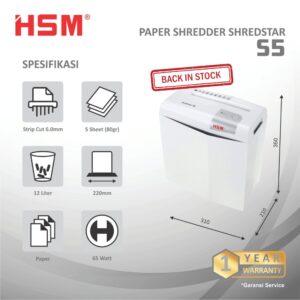 HSM DOCUMENT SHREDDER SHREDSTAR S5 STRIP CUT 6.0MM WHITE