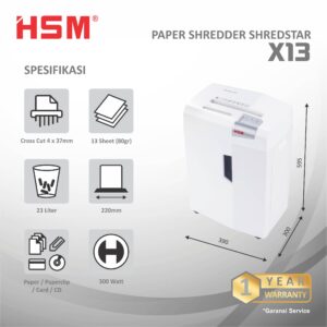 HSM DOCUMENT SHREDDER SHREDSTAR X13 CROSS CUT 4 X 37MM