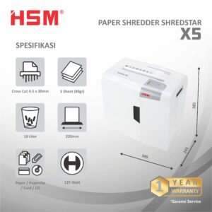 HSM DOCUMENT SHREDDER SHREDSTAR X5 CROSS CUT 4.5 X 30MM WHITE