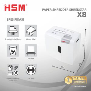 HSM DOCUMENT SHREDDER SHREDSTAR X8 CROSS CUT 4.5 X 30MM WHITE