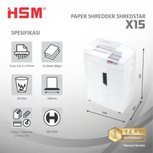 HSM DOCUMENT SHREDDER SHREDSTAR X15 CROSS CUT 4 X 37MM