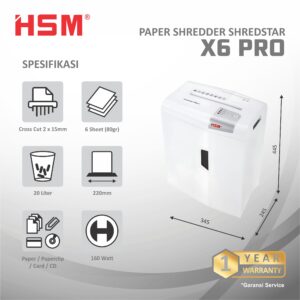 HSM DOCUMENT SHREDDER SHREDSTAR X6 PRO CROSS CUT 2 X 15MM