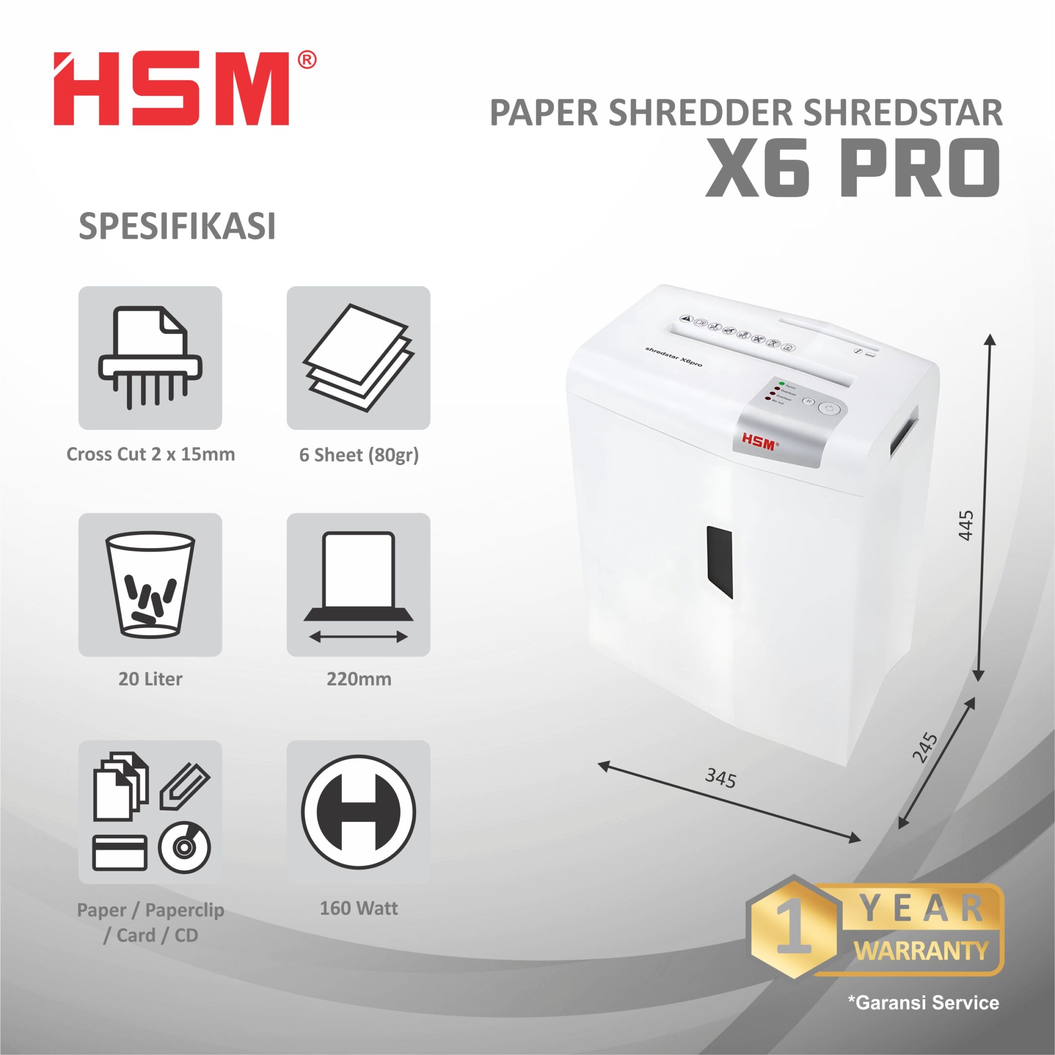HSM DOCUMENT SHREDDER SHREDSTAR X6 PRO CROSS CUT 2 X 15MM